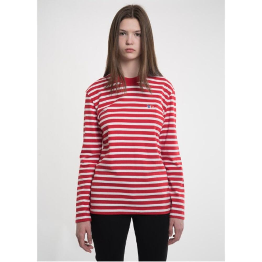 Maison Kitsune Striped Tee Red White Long Sleeves Crew Made in Portugal‎ Fox S